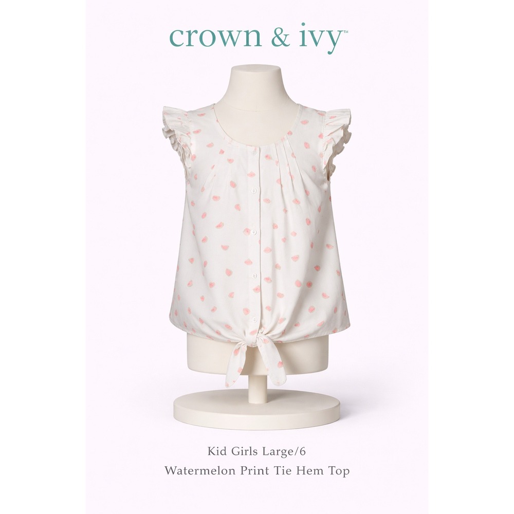 Crown & Ivy Kids Girls White Watermelon Print Tie Hem Ruffle Sleeve Top Size L 6